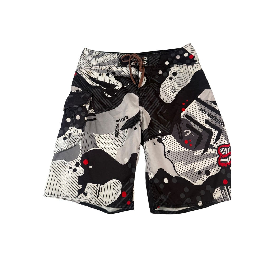 Fox Racing Board Shorts Mens 34 Black White Red Graphic‎ Print Surf Swim Trunks